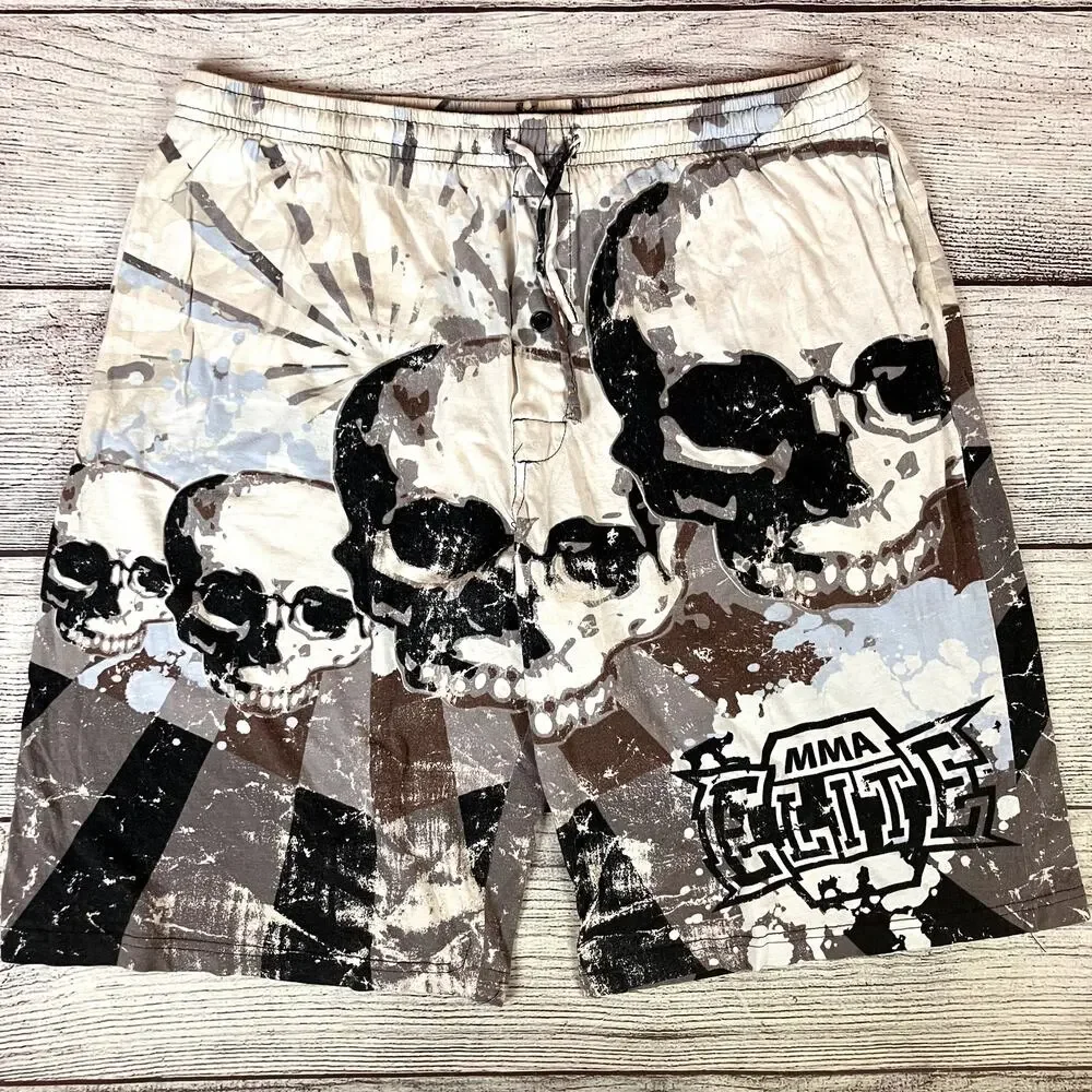 Vintage Y2k MMA Elite All Over Print Skull Graphic Shorts